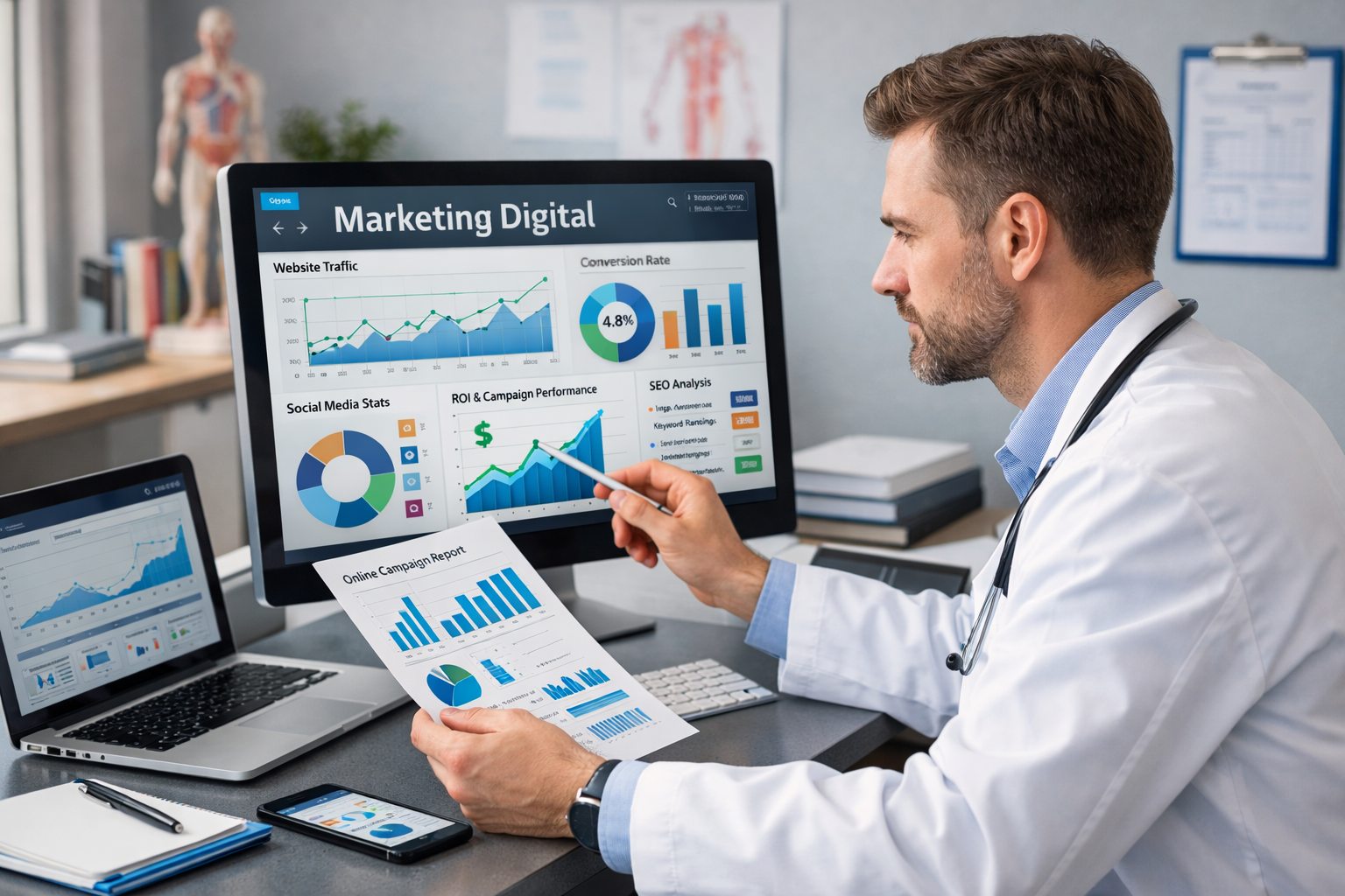 Médico analisando dados e resultados de marketing do consultório